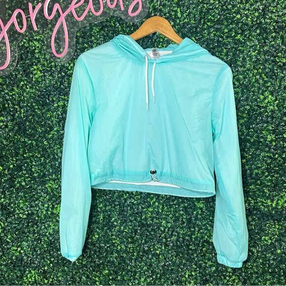 American Apparel Cropped Turquoise Aruba Blue Hoodie Sweatshirt Top Sz Small - Picture 2 of 9